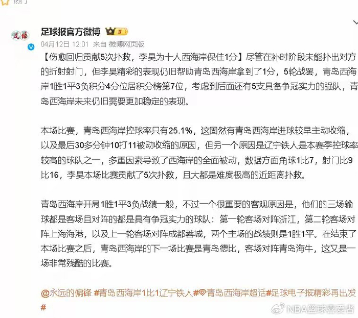 李昊神扑力保球门 青岛客场逼平辽宁铁人